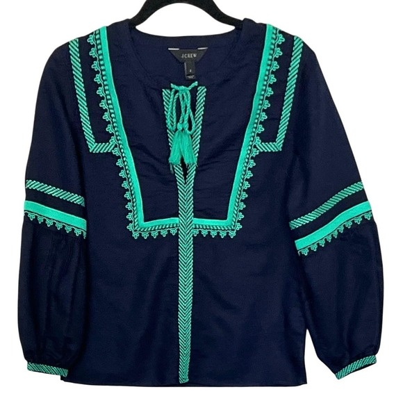 J Crew Blouse Womens 2 Navy Blue Green Embroidered Peasant Boho Top‎ Tassel Trim - Picture 2 of 11
